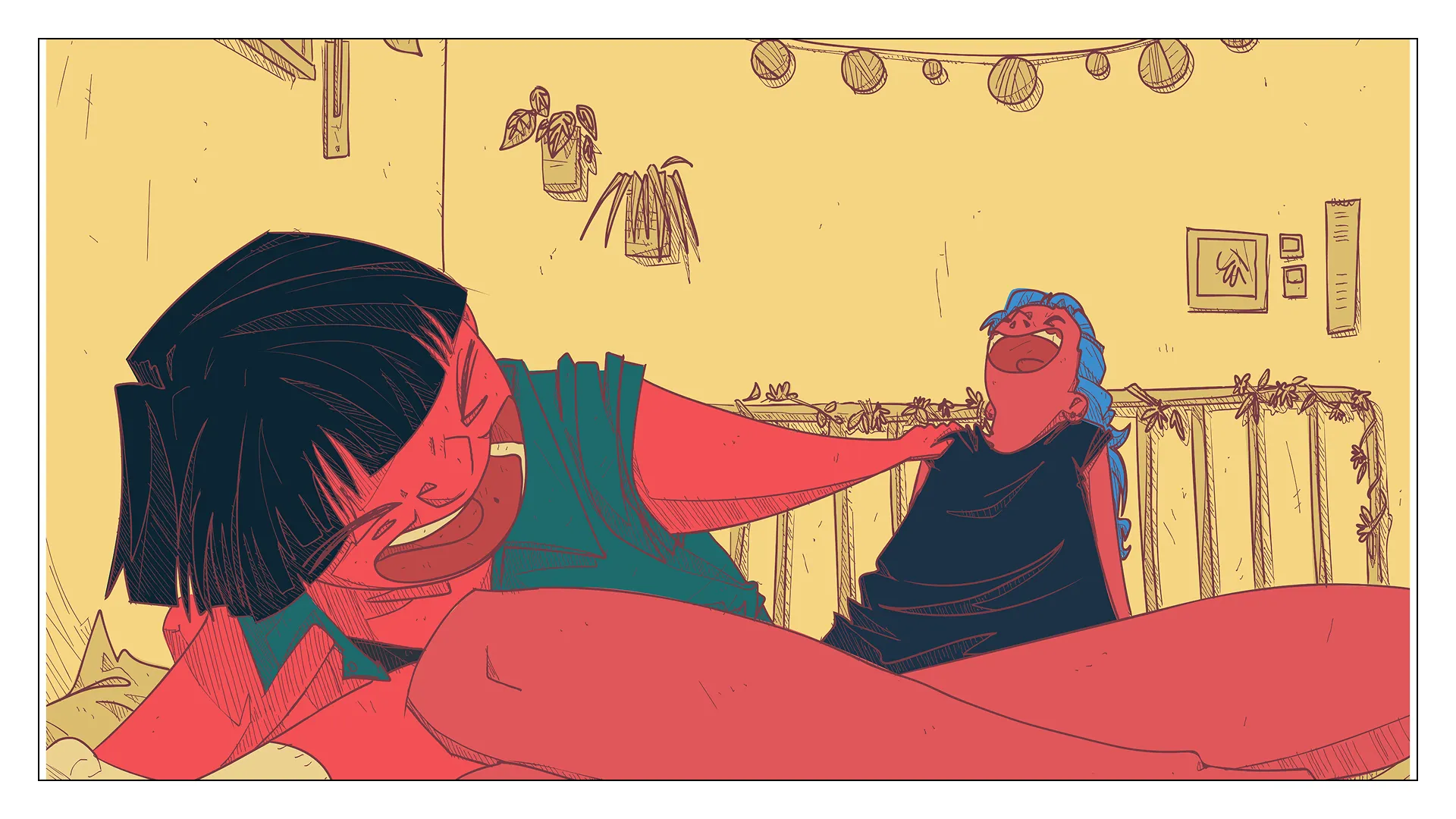 Ilustración digital de dos personas riendo juntas